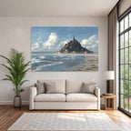Coastal scene with castle and sea background blue tones