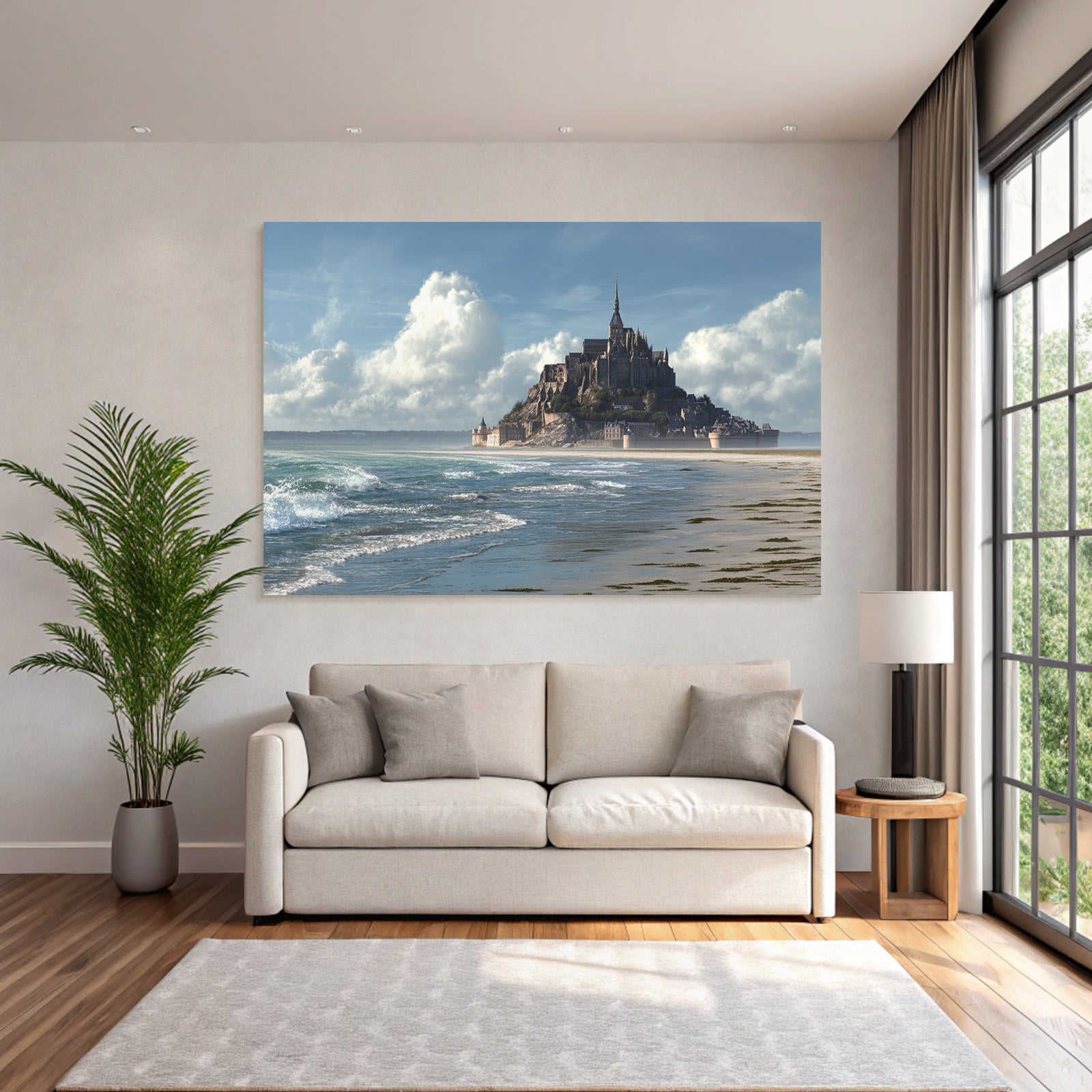 Coastal scene with castle and sea background blue tones