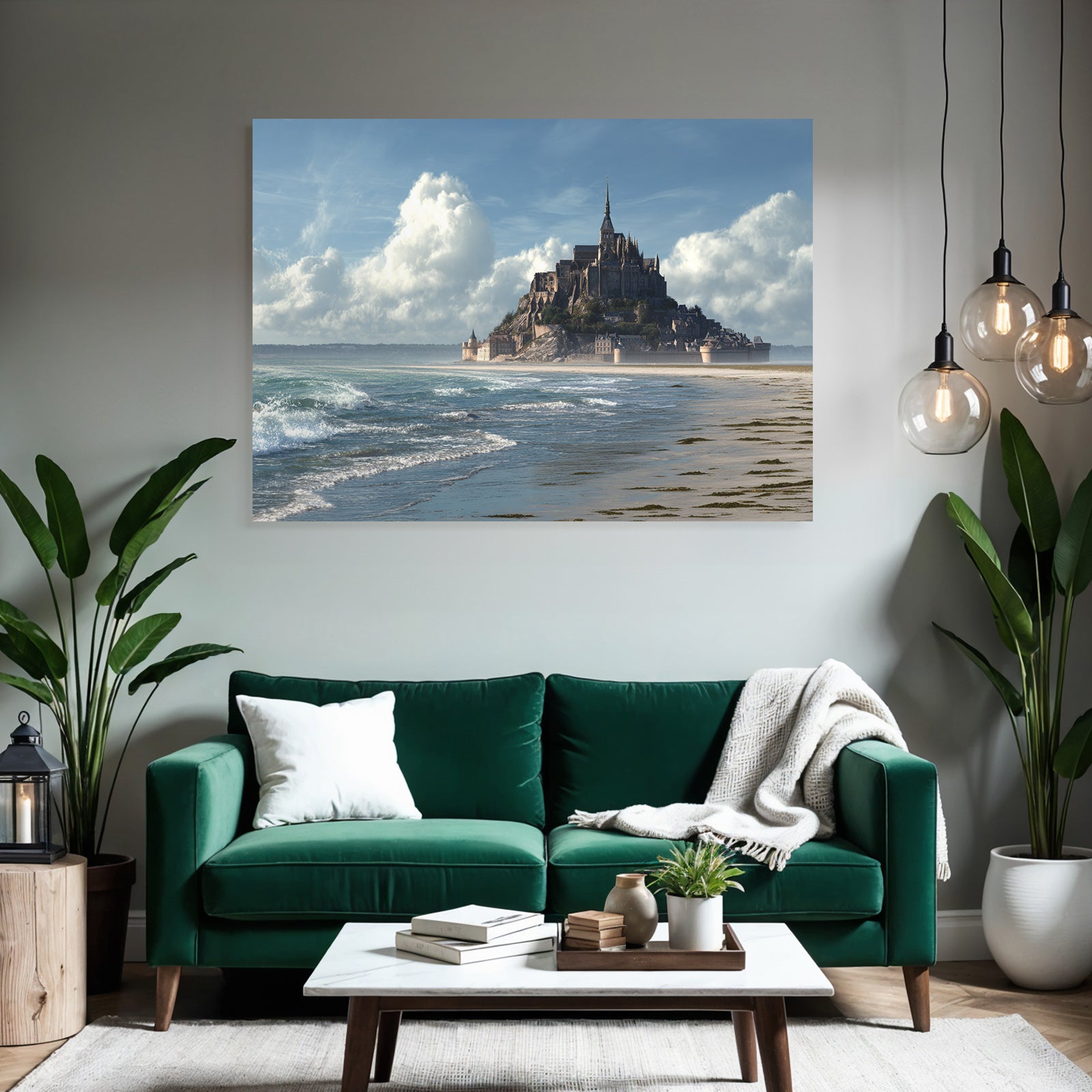 Coastal scene with castle and sea background blue tones