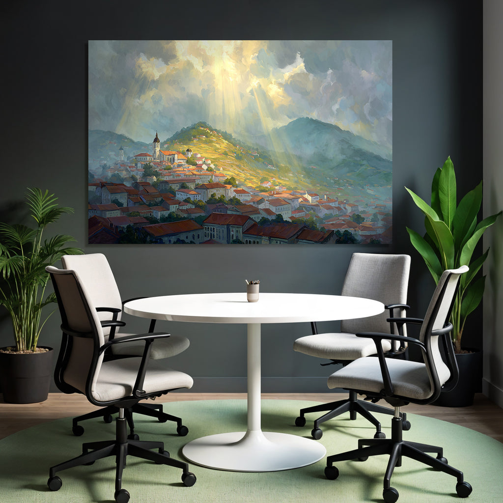 Landscape Painting Small Village Surrounded by Hills and Dramatic Clouds
