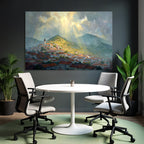 Landscape Painting Small Village Surrounded by Hills and Dramatic Clouds