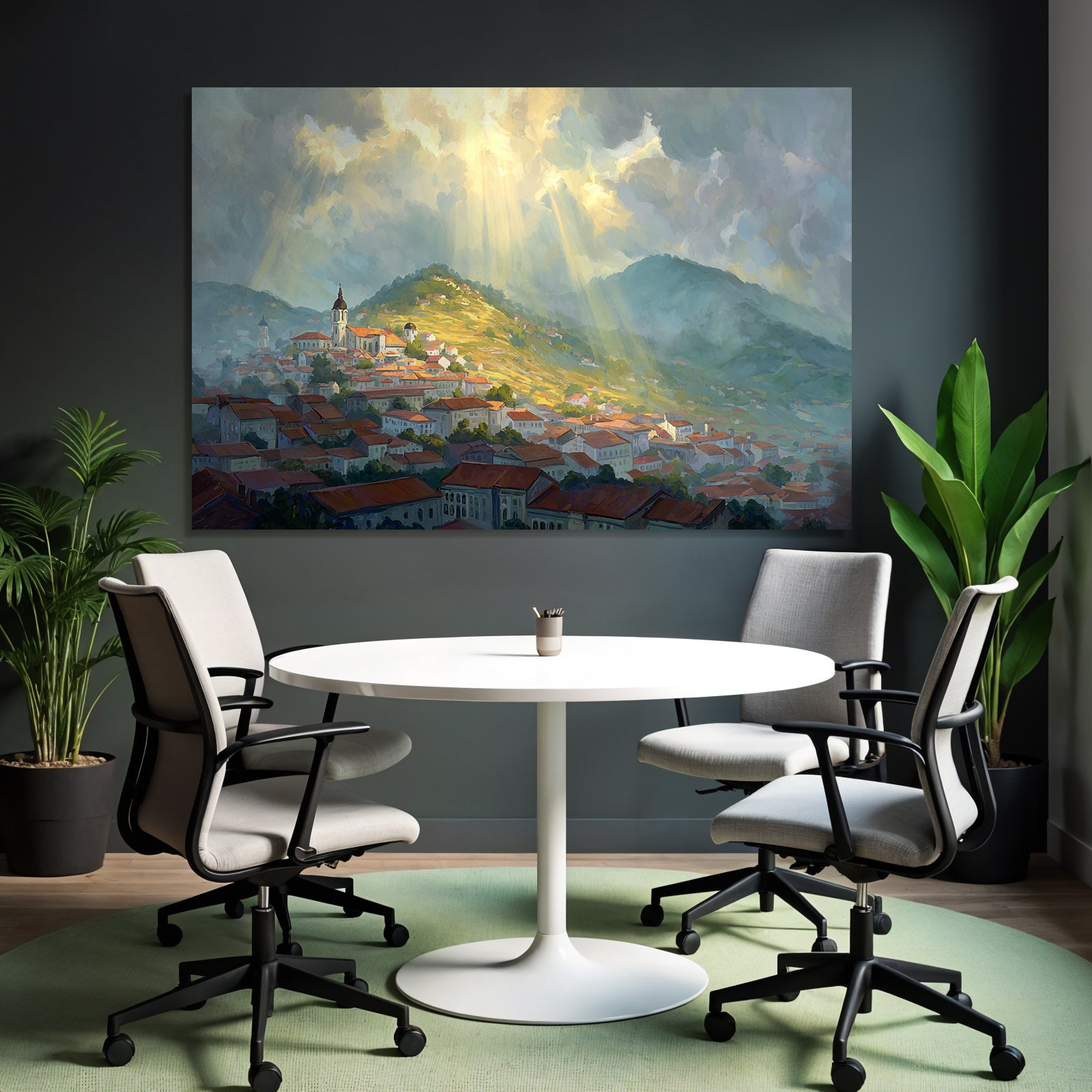 Landscape Painting Small Village Surrounded by Hills and Dramatic Clouds