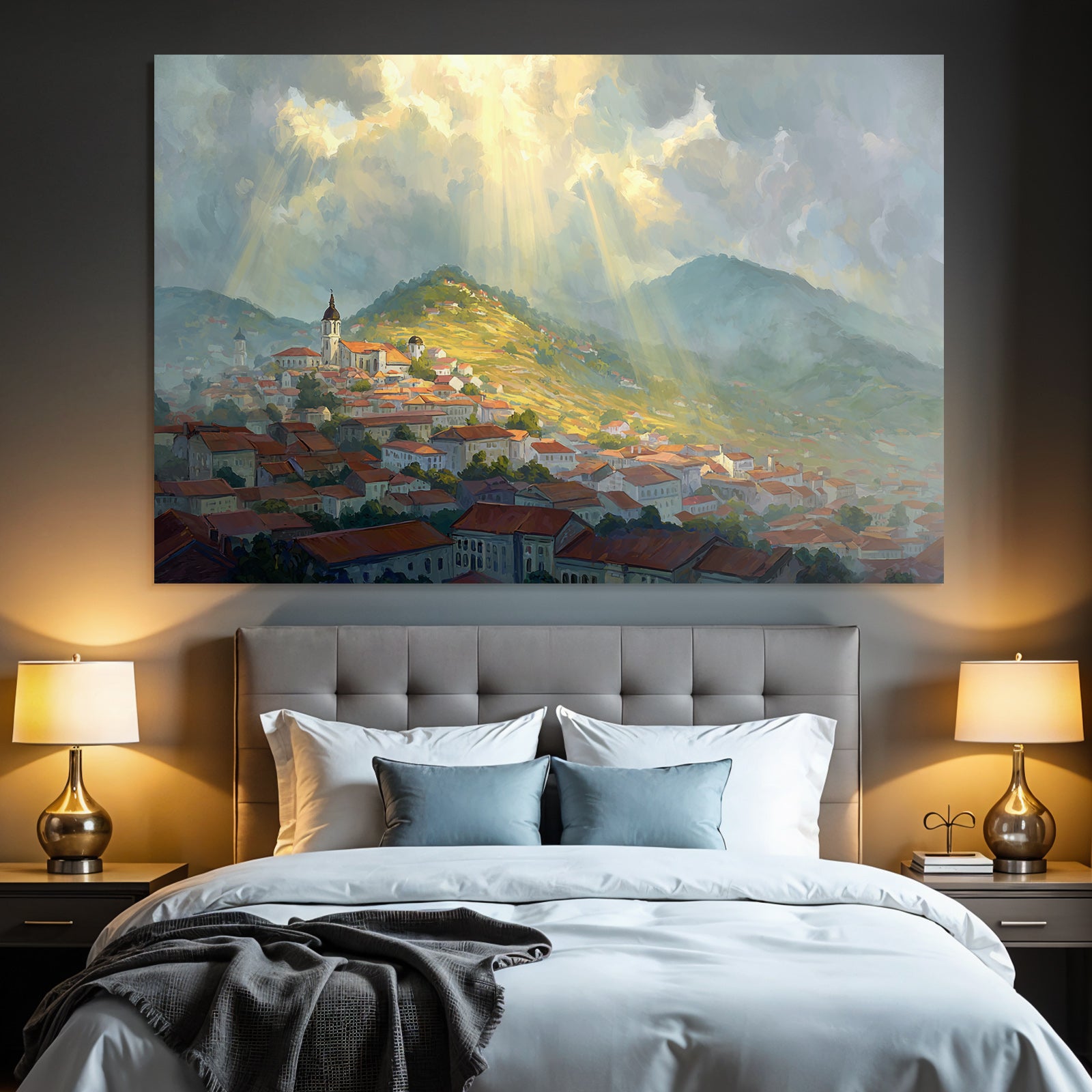 Landscape Painting Small Village Surrounded by Hills and Dramatic Clouds