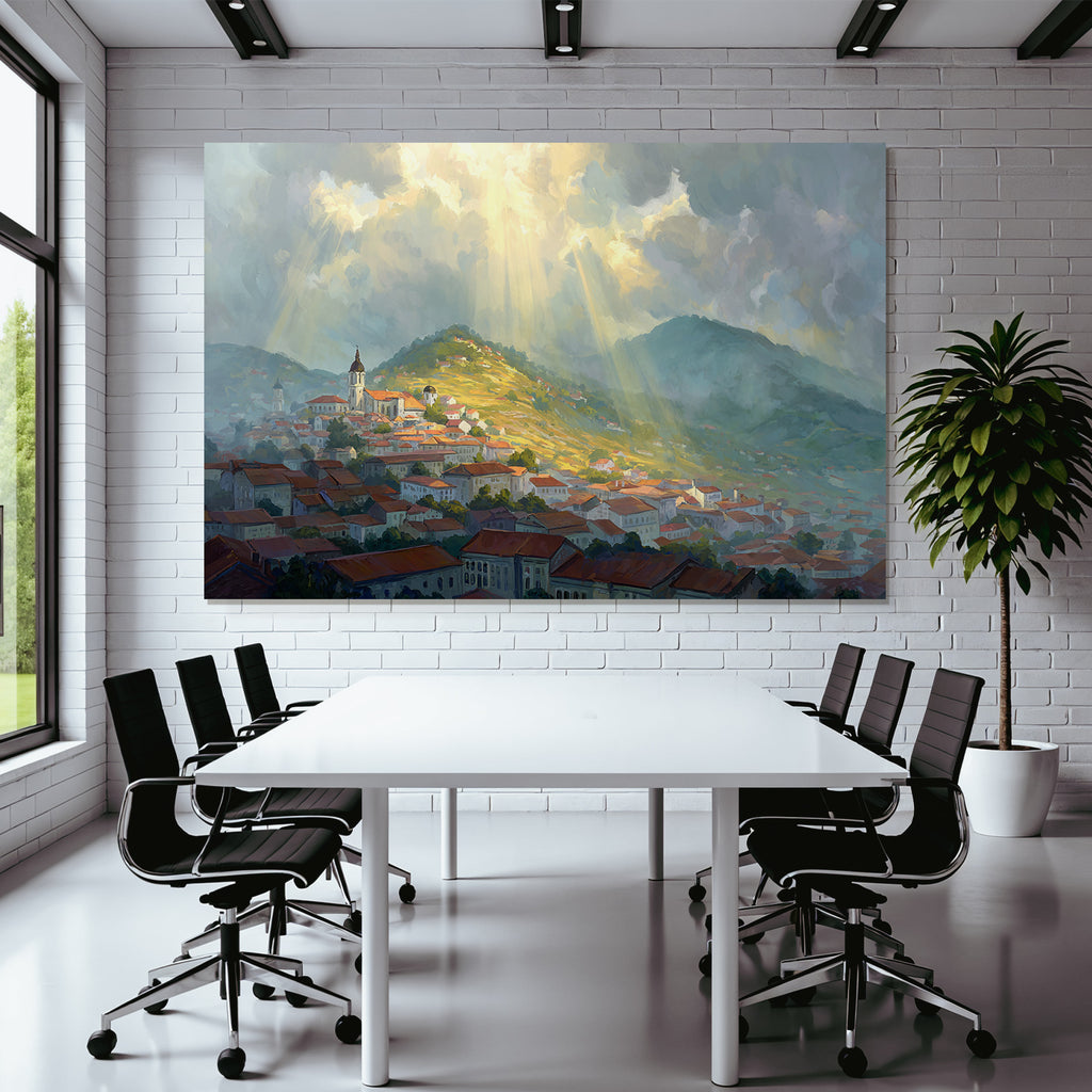 Landscape Painting Small Village Surrounded by Hills and Dramatic Clouds