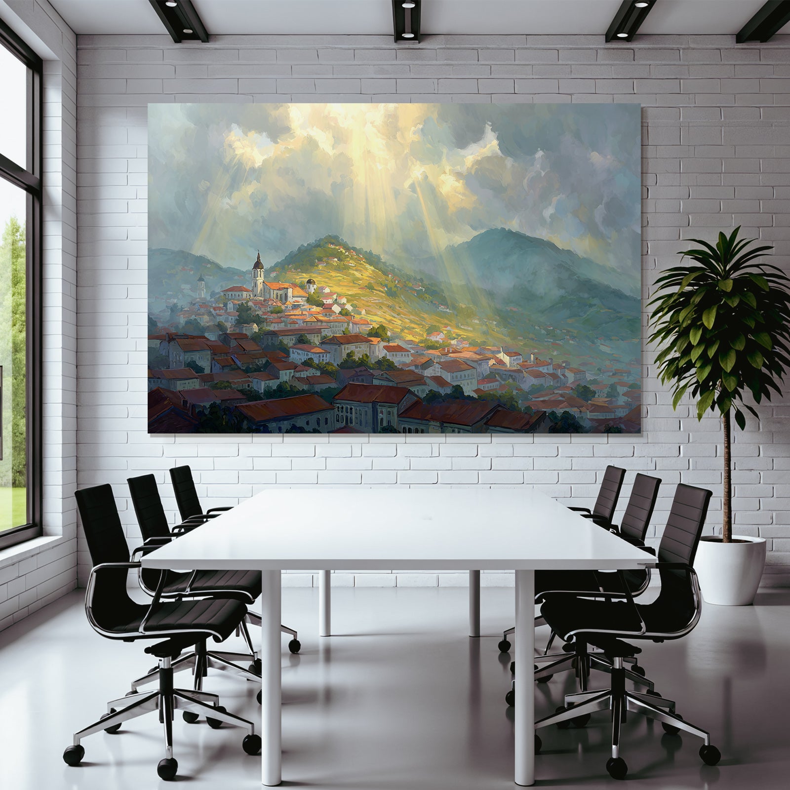 Landscape Painting Small Village Surrounded by Hills and Dramatic Clouds