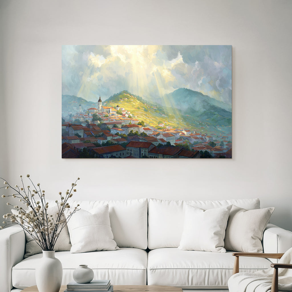 Landscape Painting Small Village Surrounded by Hills and Dramatic Clouds