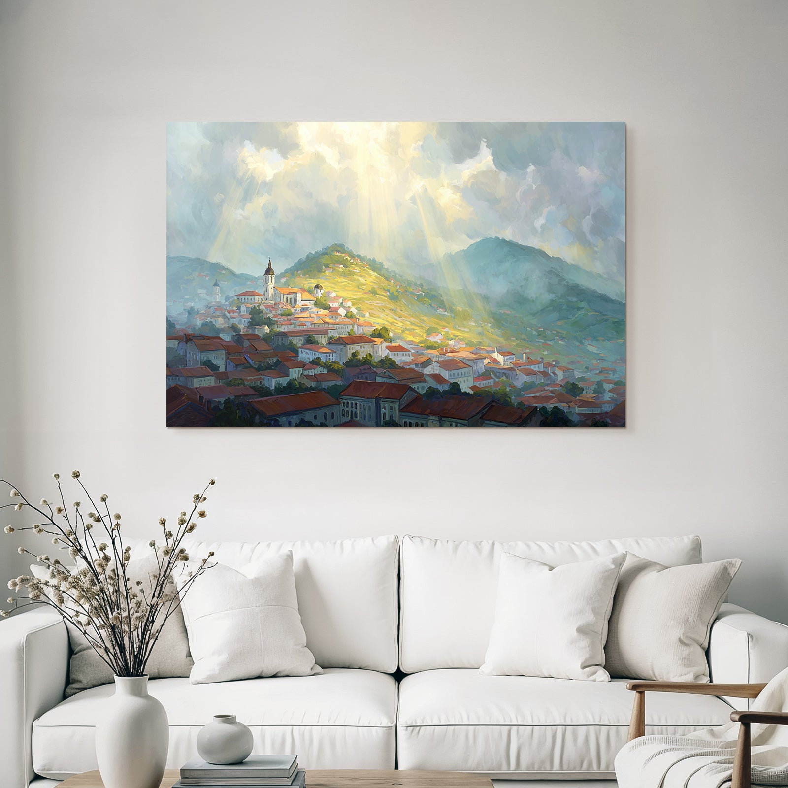 Landscape Painting Small Village Surrounded by Hills and Dramatic Clouds