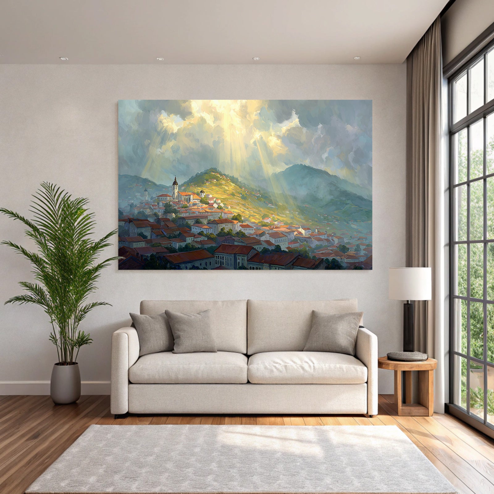 Landscape Painting Small Village Surrounded by Hills and Dramatic Clouds