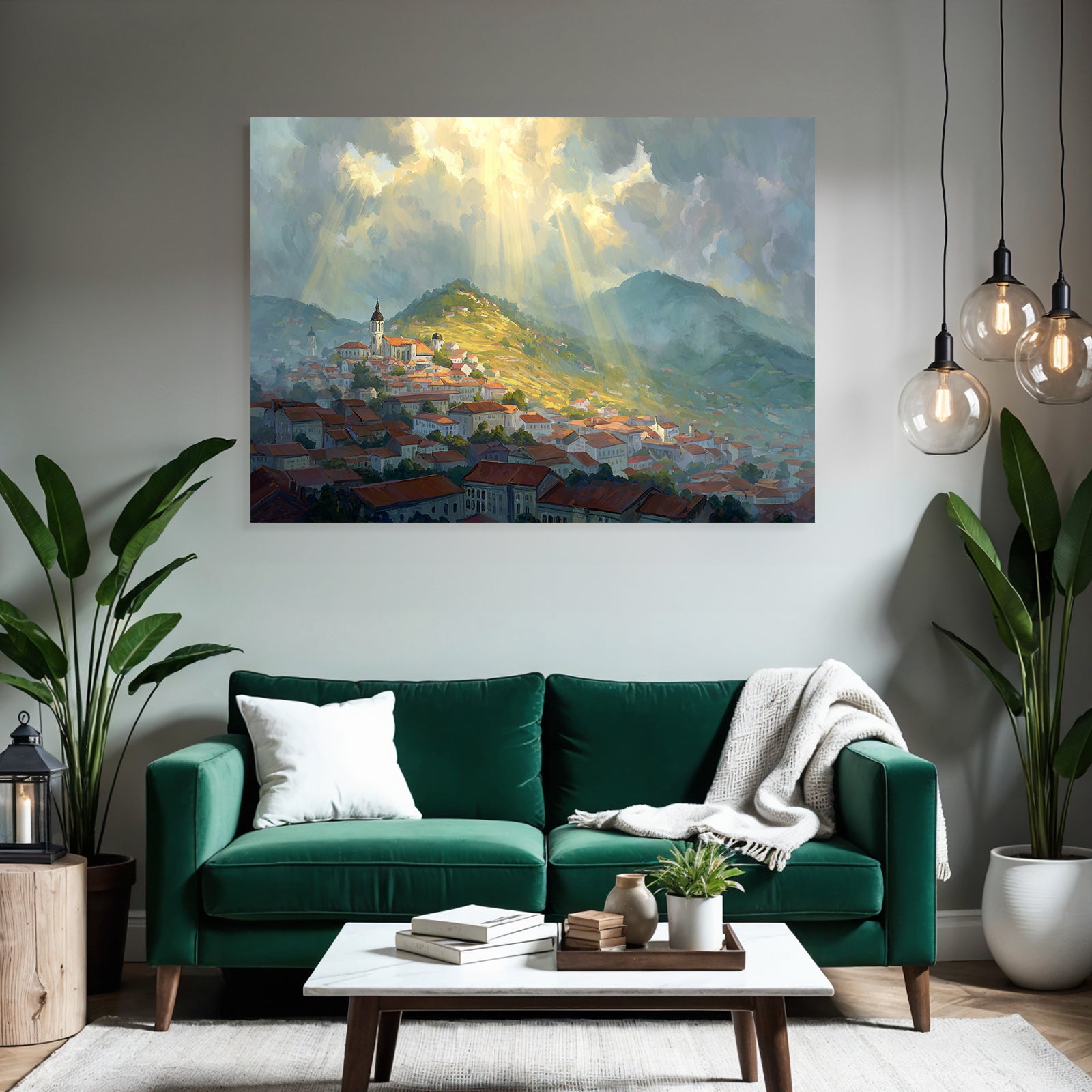 Landscape Painting Small Village Surrounded by Hills and Dramatic Clouds