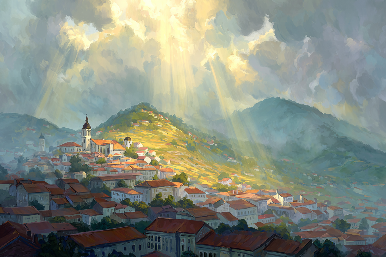 Landschaft Malerei Kleines Dorf Umgeben Von Hügeln Und Dramatischen Wolken | Scloesser und Burgen | Architektur