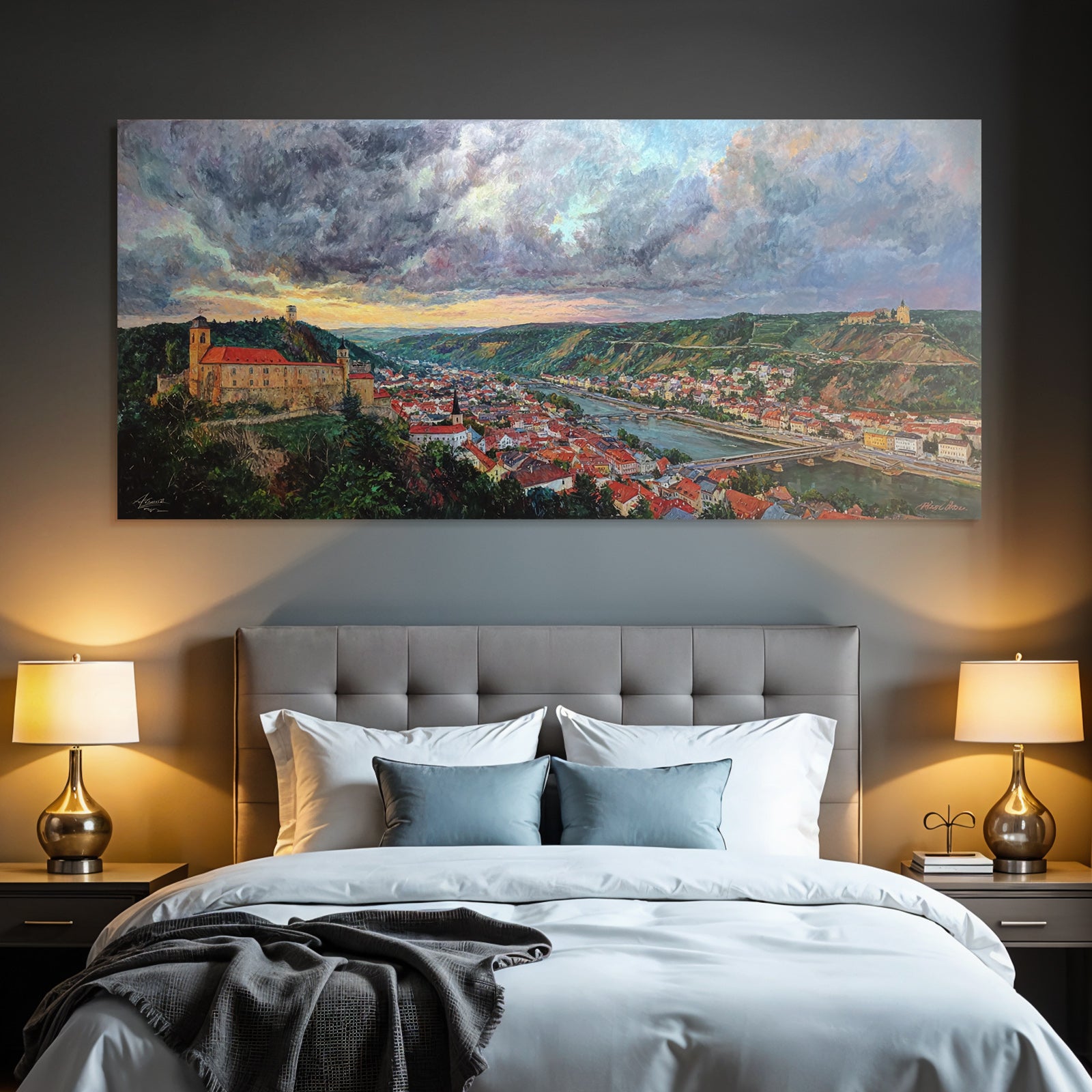 Landscape with river and historic buildings at sunset