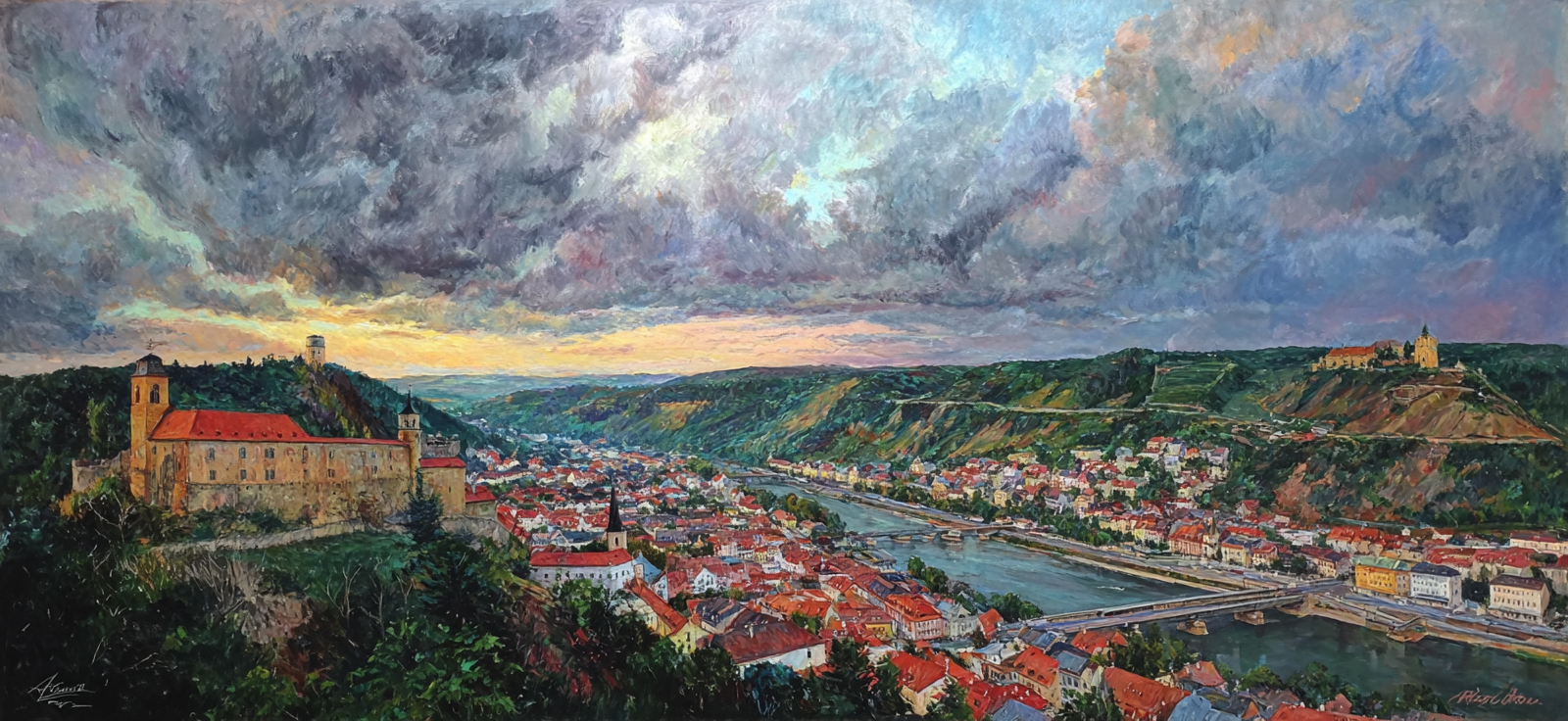 Landschaft Mit Fluss Und Historschen Gebauden Bei Sonnenuntergang | Scloesser und Burgen | Architektur