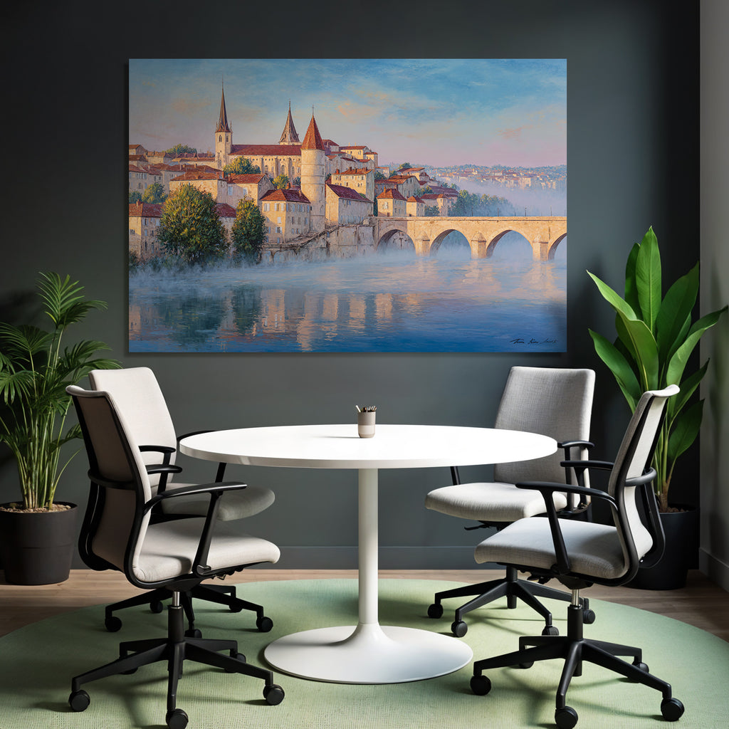 Painting Idyllic Cityscape Historical With Overwater Path