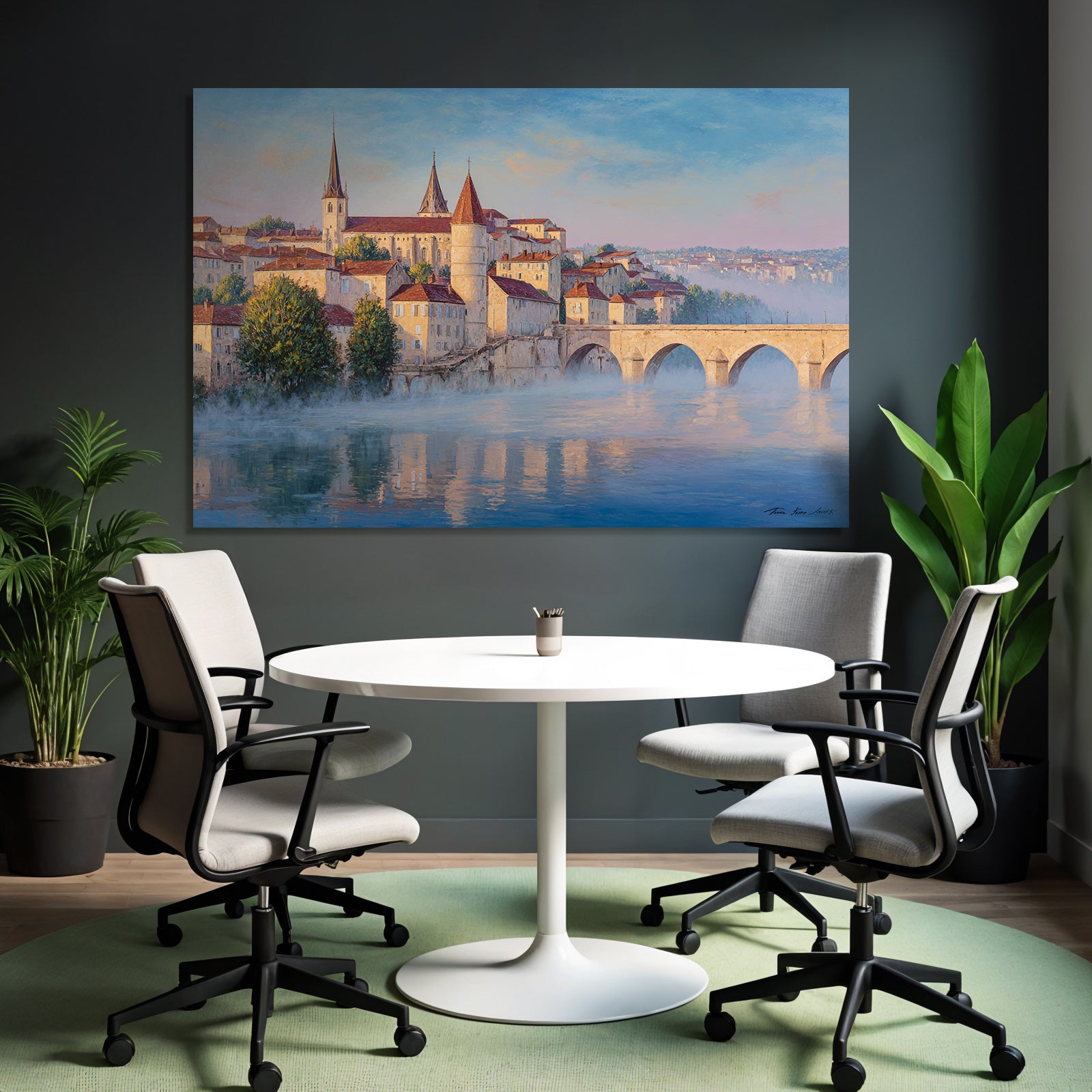 Painting Idyllic Cityscape Historical With Overwater Path