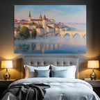 Painting Idyllic Cityscape Historical With Overwater Path