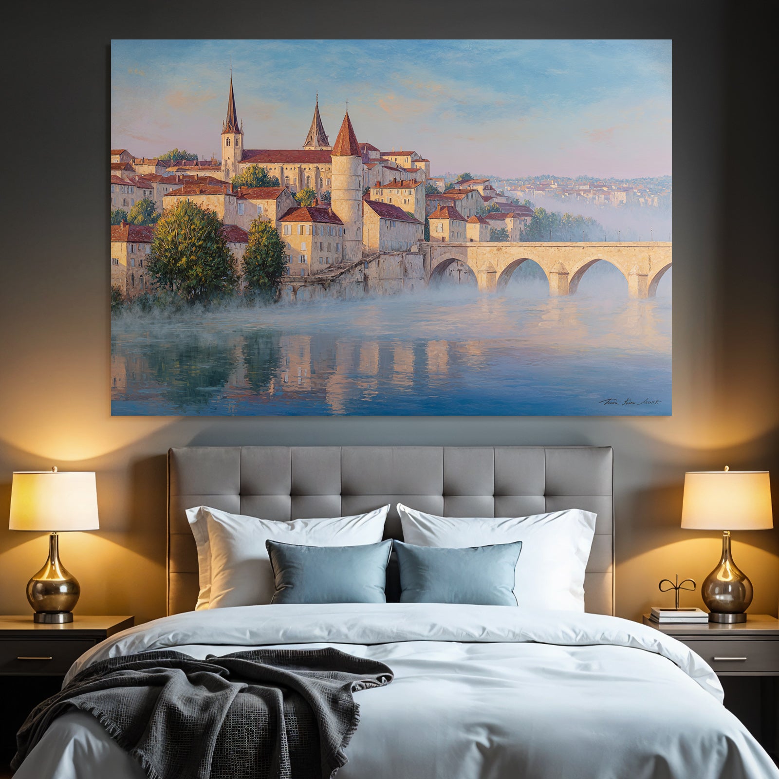 Painting Idyllic Cityscape Historical With Overwater Path