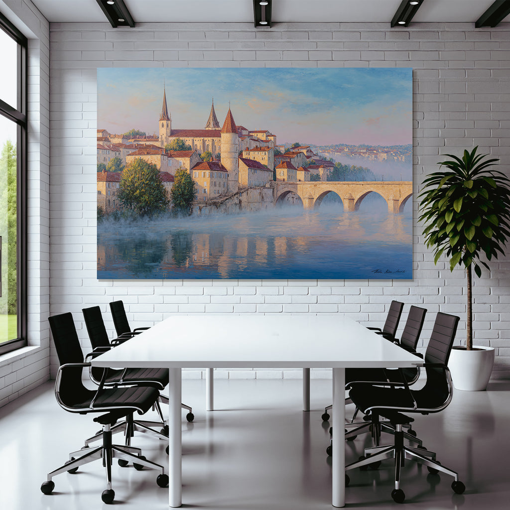 Painting Idyllic Cityscape Historical With Overwater Path