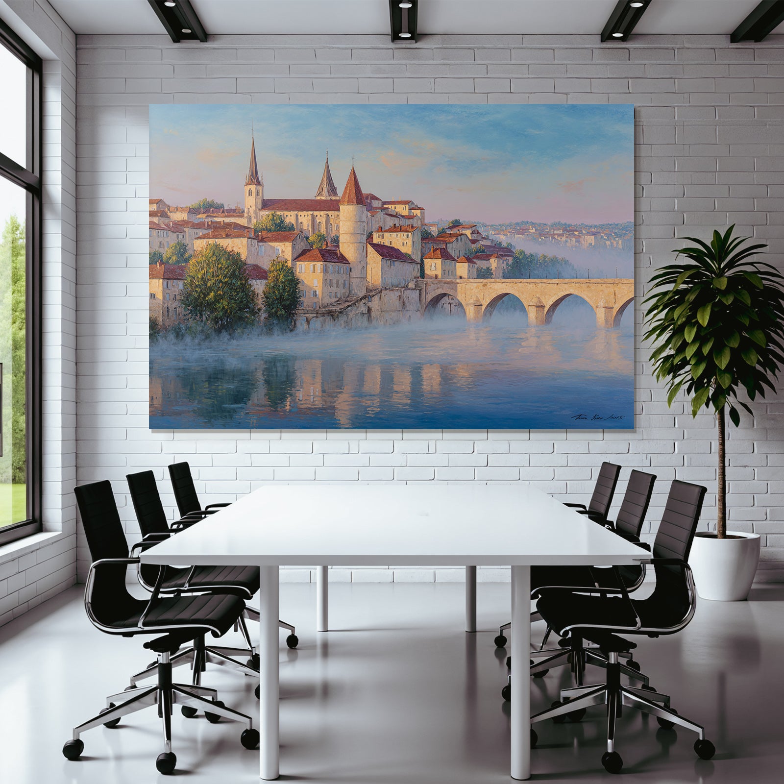 Painting Idyllic Cityscape Historical With Overwater Path