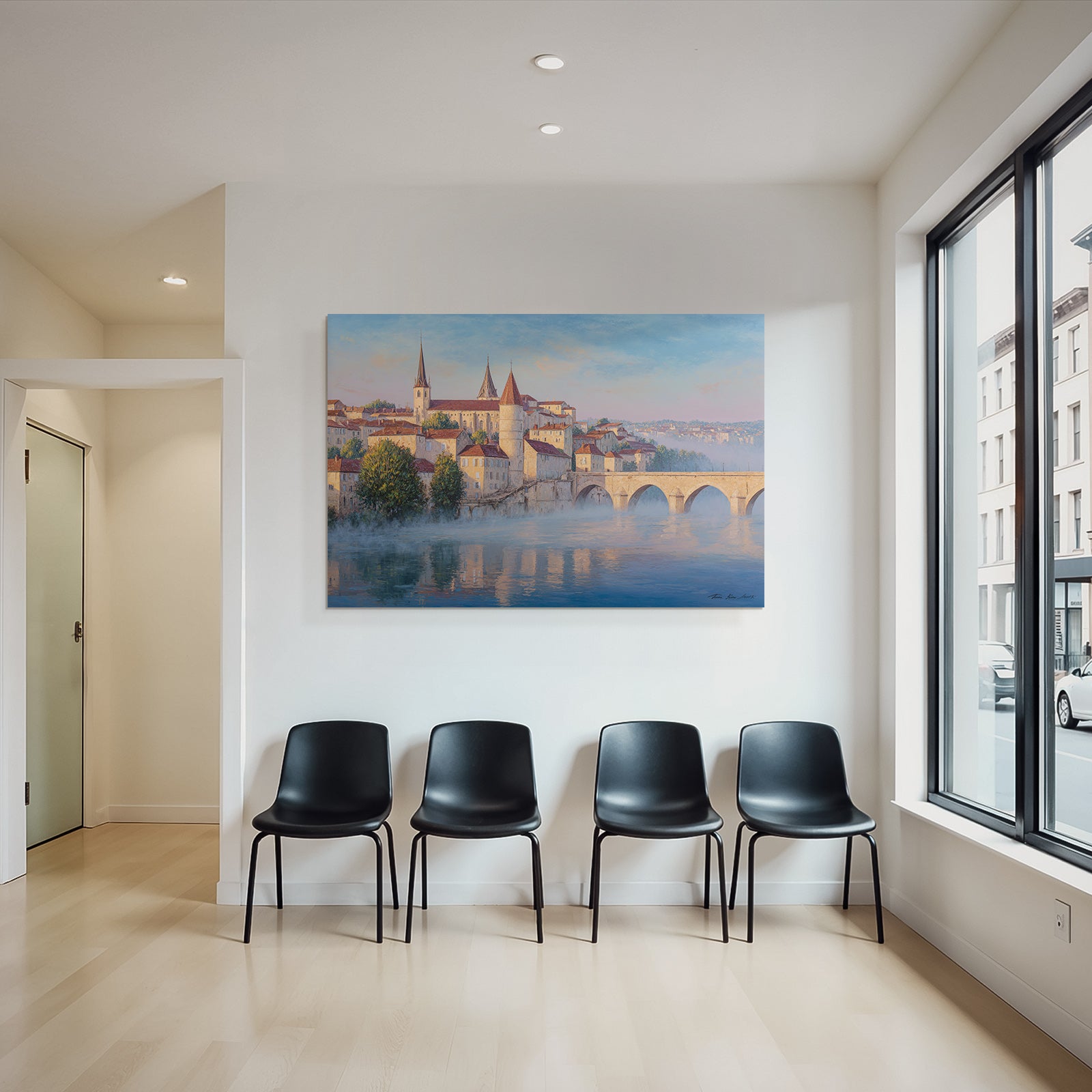 Painting Idyllic Cityscape Historical With Overwater Path