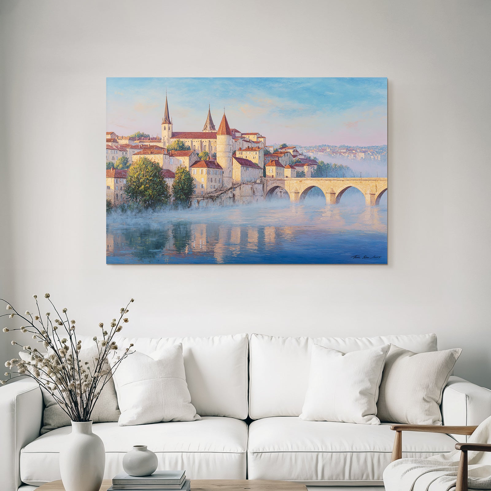 Painting Idyllic Cityscape Historical With Overwater Path