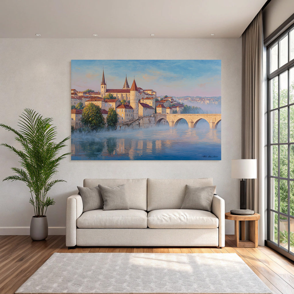 Painting Idyllic Cityscape Historical With Overwater Path