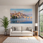 Painting Idyllic Cityscape Historical With Overwater Path
