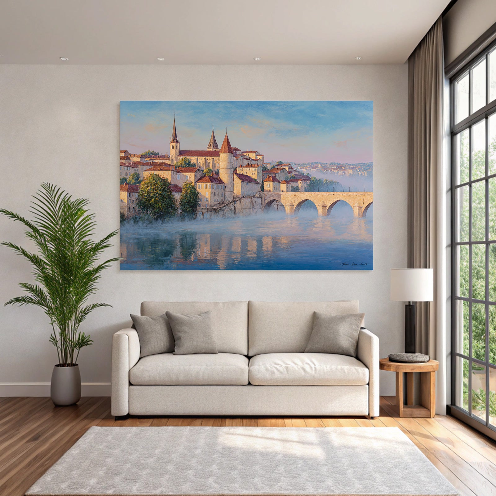 Painting Idyllic Cityscape Historical With Overwater Path
