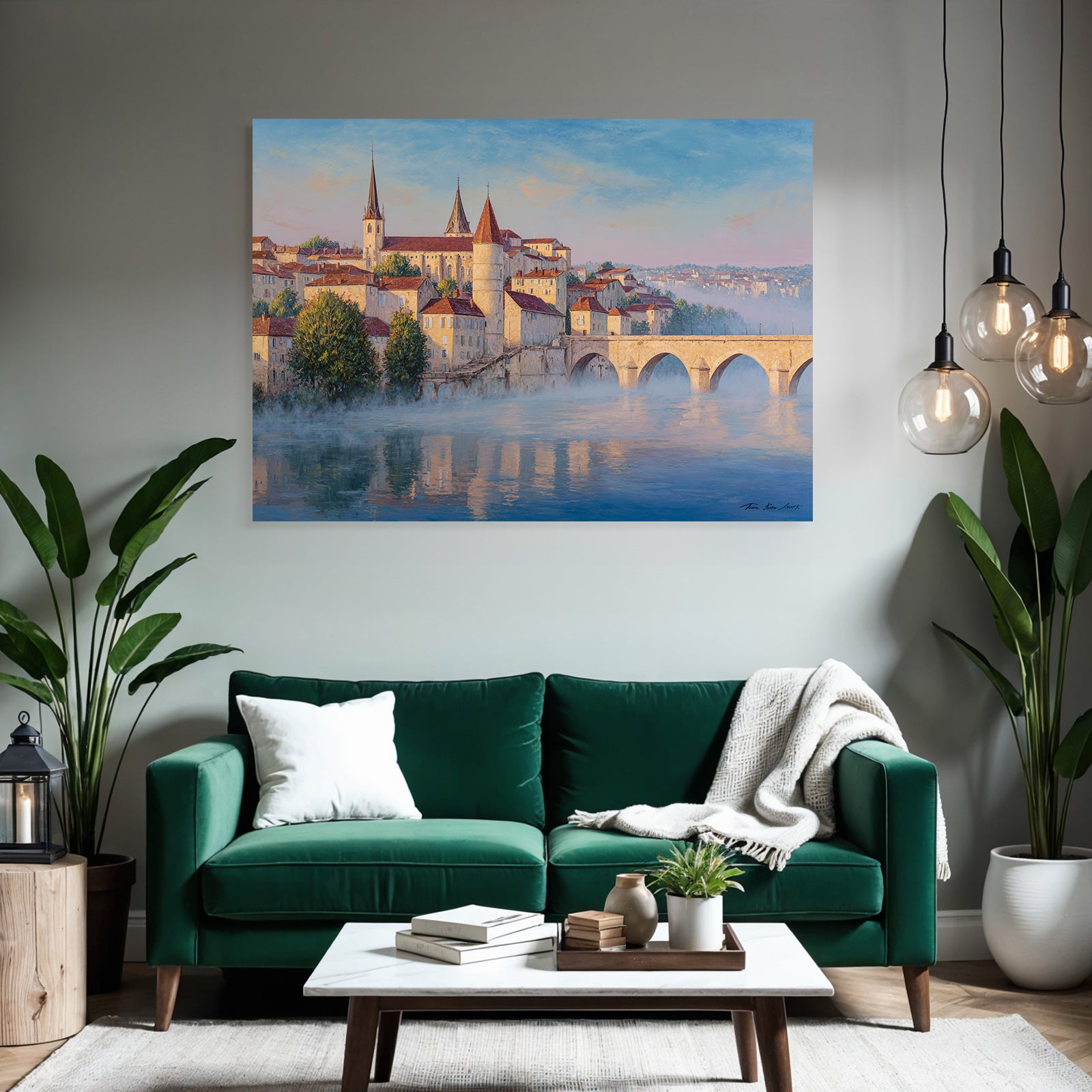 Painting Idyllic Cityscape Historical With Overwater Path