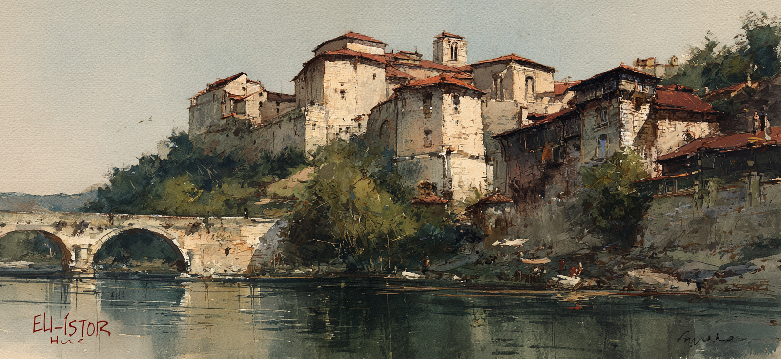 Malerei Szenischer Ausblick Von Einem Dorf Am Fluss | Scloesser und Burgen | Architektur
