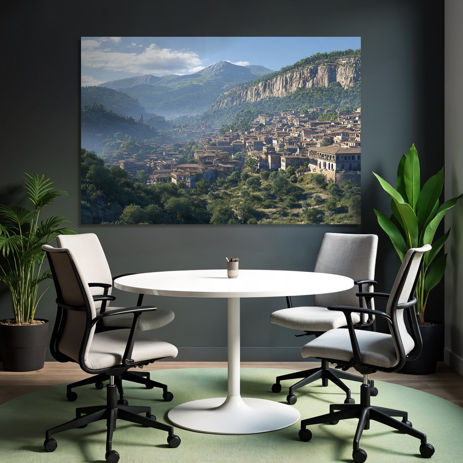 Picturesque mountain landscape with town in the valley