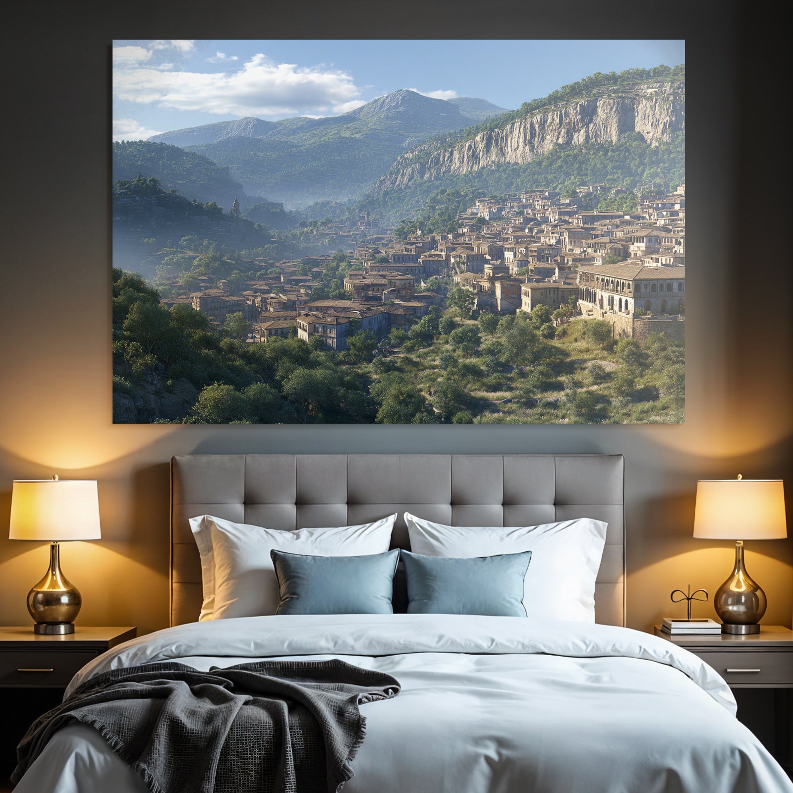 Picturesque mountain landscape with town in the valley