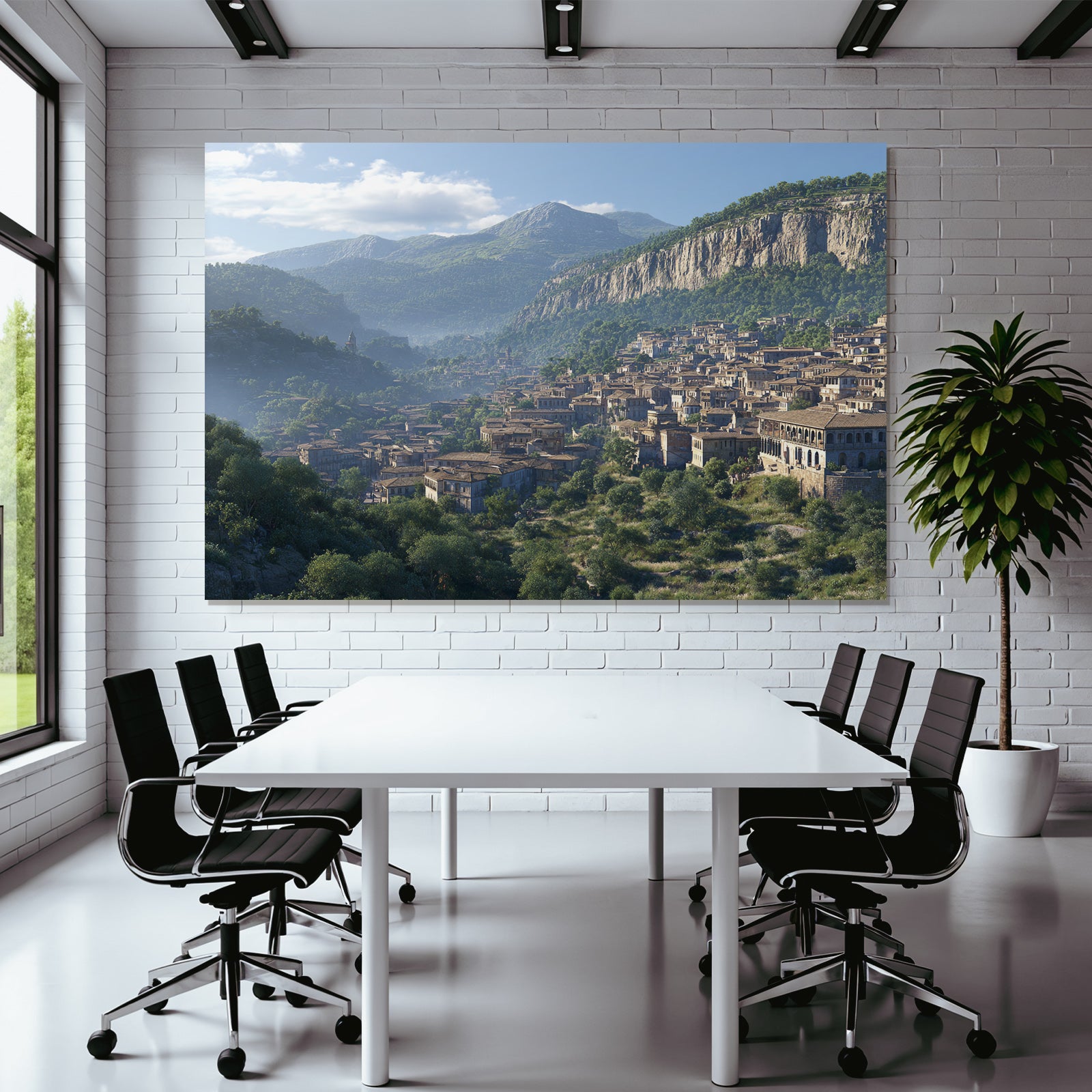 Picturesque mountain landscape with town in the valley