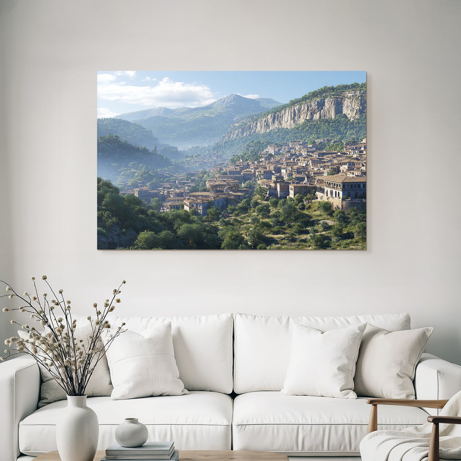 Picturesque mountain landscape with town in the valley