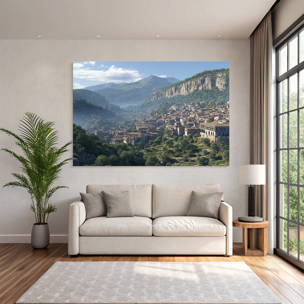 Picturesque mountain landscape with town in the valley