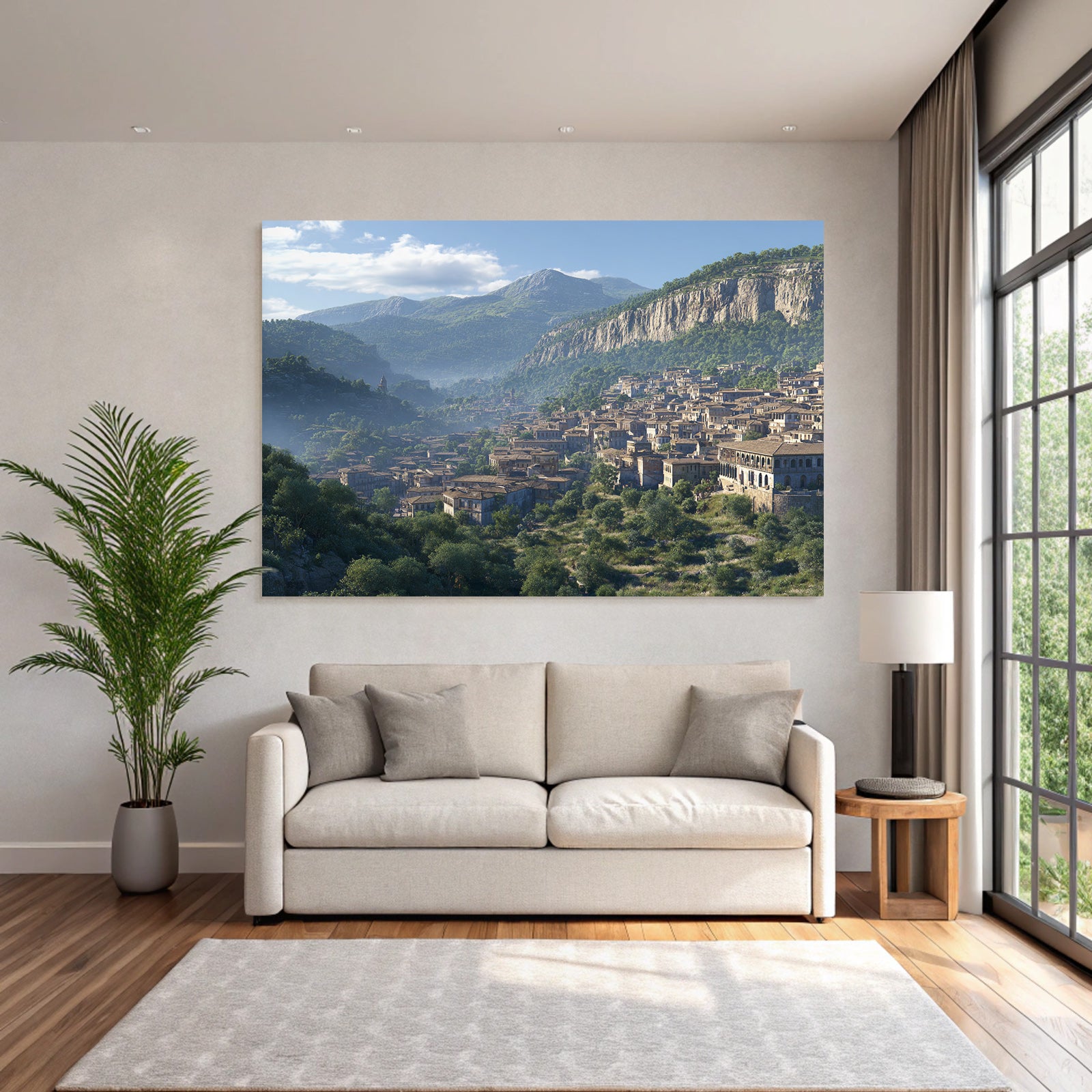 Picturesque mountain landscape with town in the valley