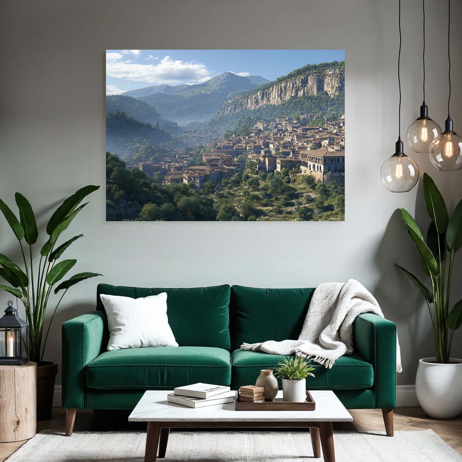 Picturesque mountain landscape with town in the valley