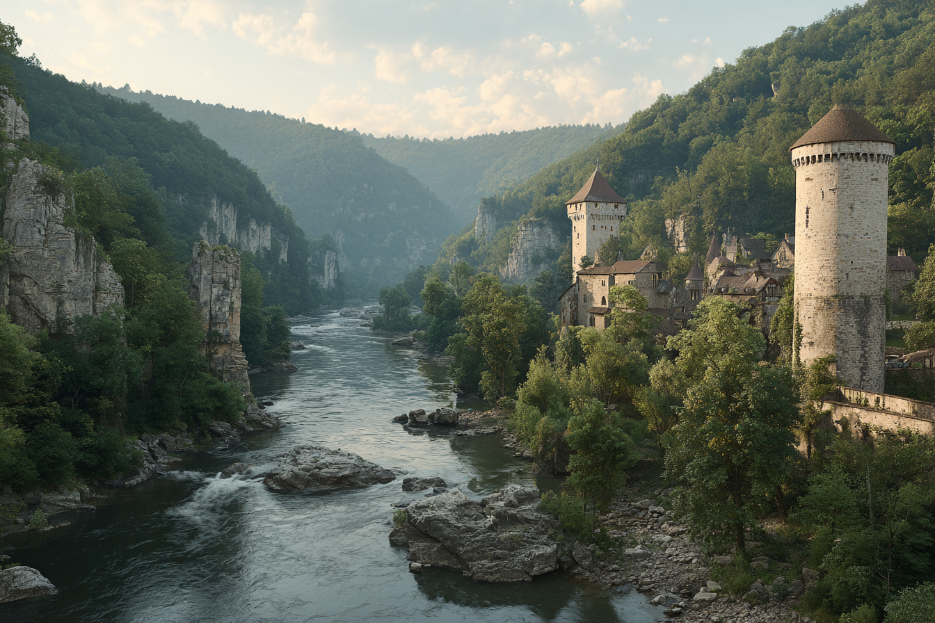 Malerische Landschaft Mit Fluss Und Türmen In Mittellanderei | Scloesser und Burgen | Architektur