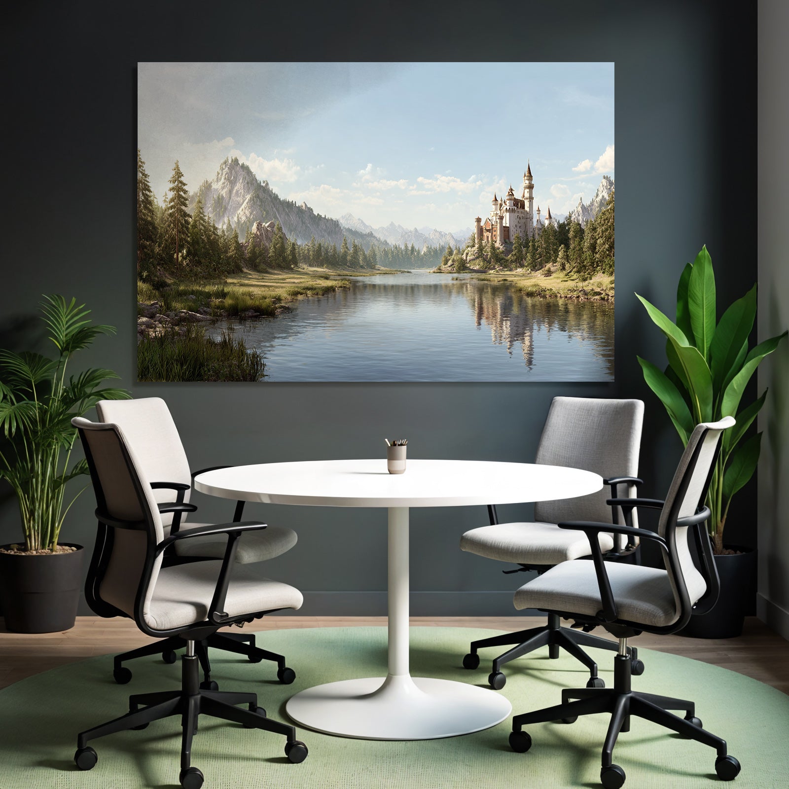 Picturesque landscape with lake, castle and mountains