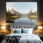 Picturesque landscape with lake, castle and mountains