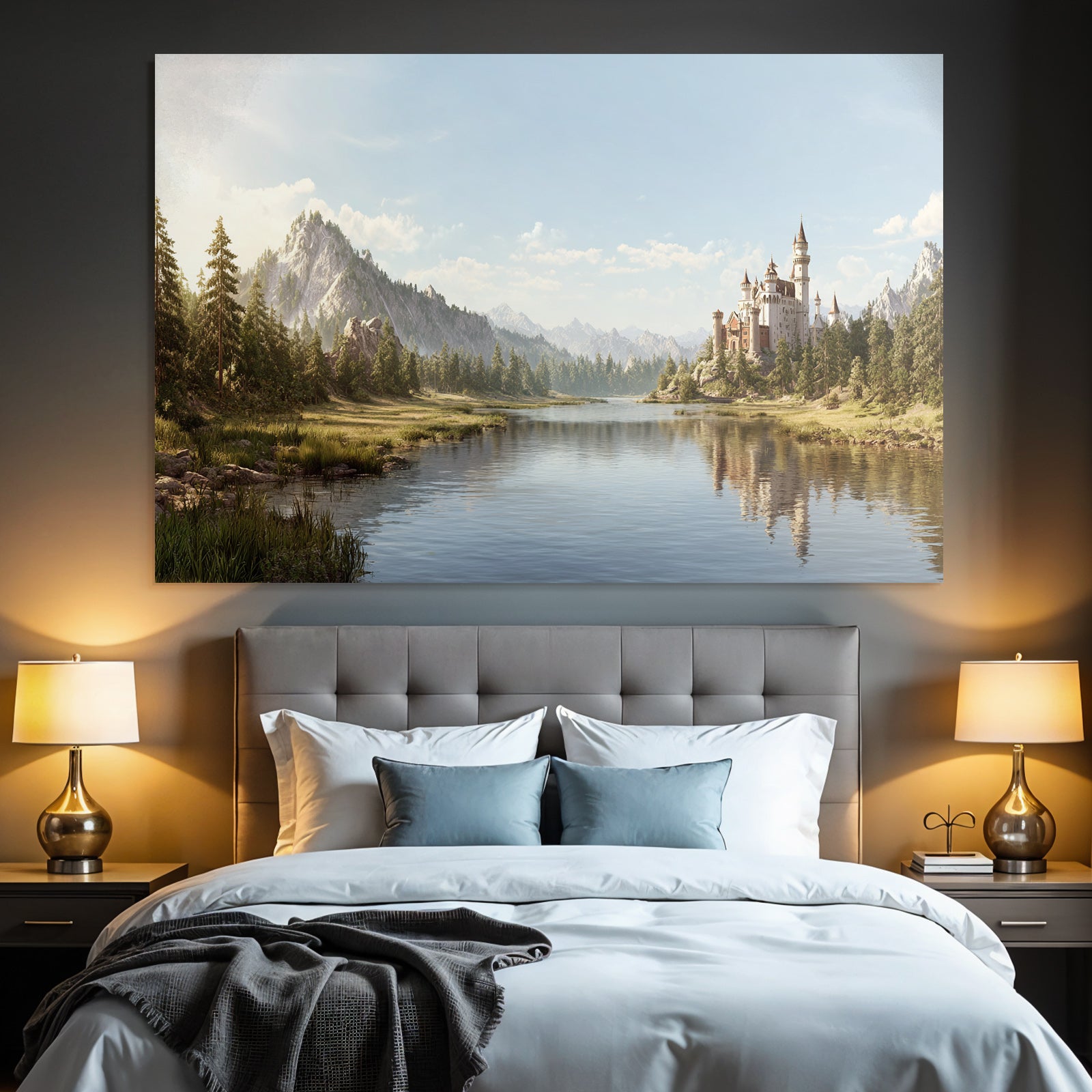 Picturesque landscape with lake, castle and mountains