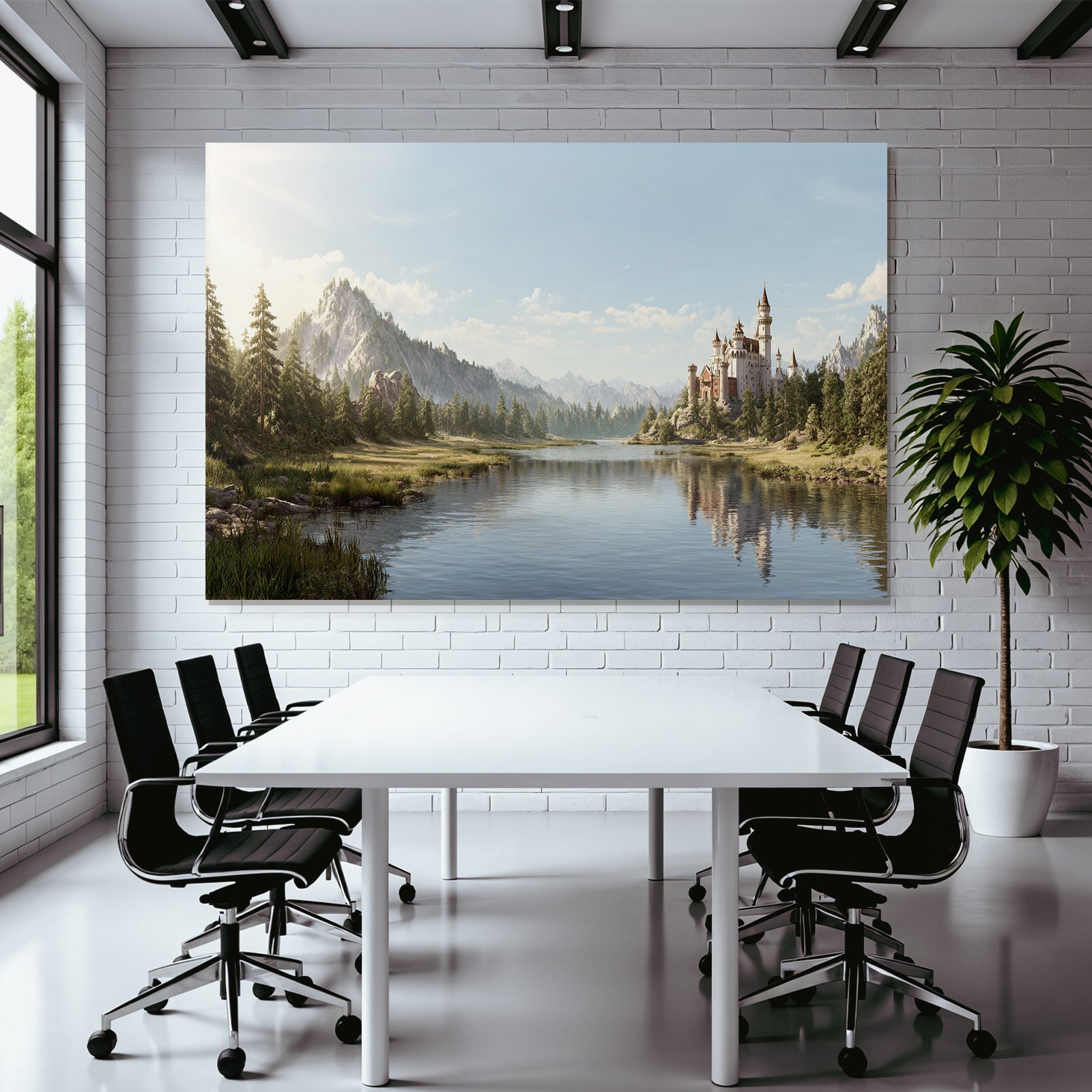 Picturesque landscape with lake, castle and mountains