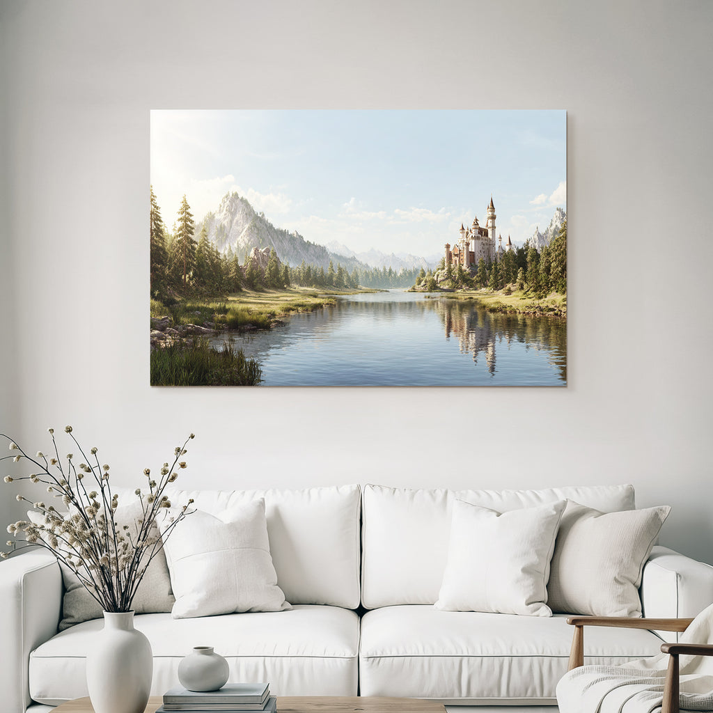 Picturesque landscape with lake, castle and mountains