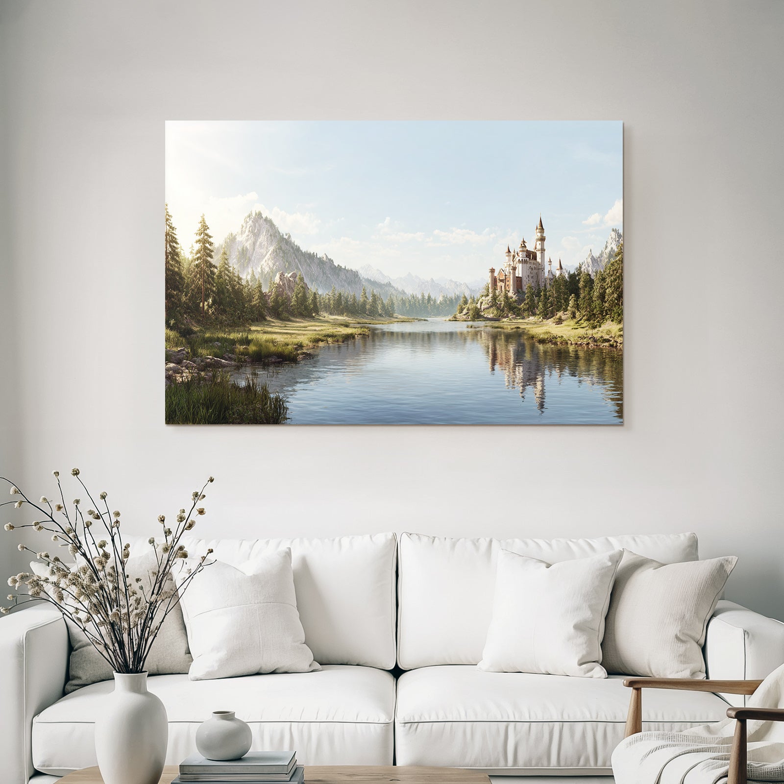 Picturesque landscape with lake, castle and mountains