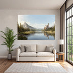 Picturesque landscape with lake, castle and mountains