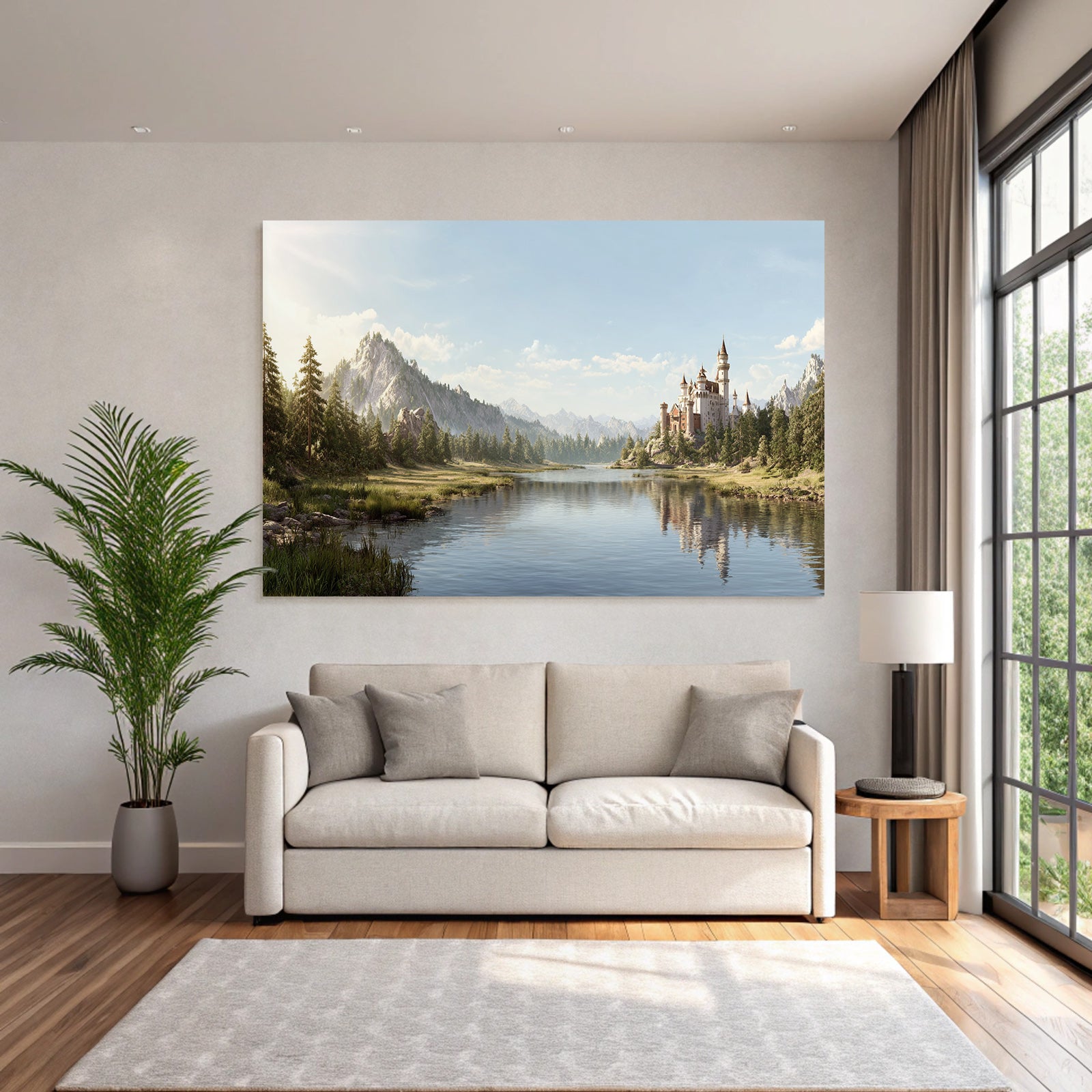 Picturesque landscape with lake, castle and mountains