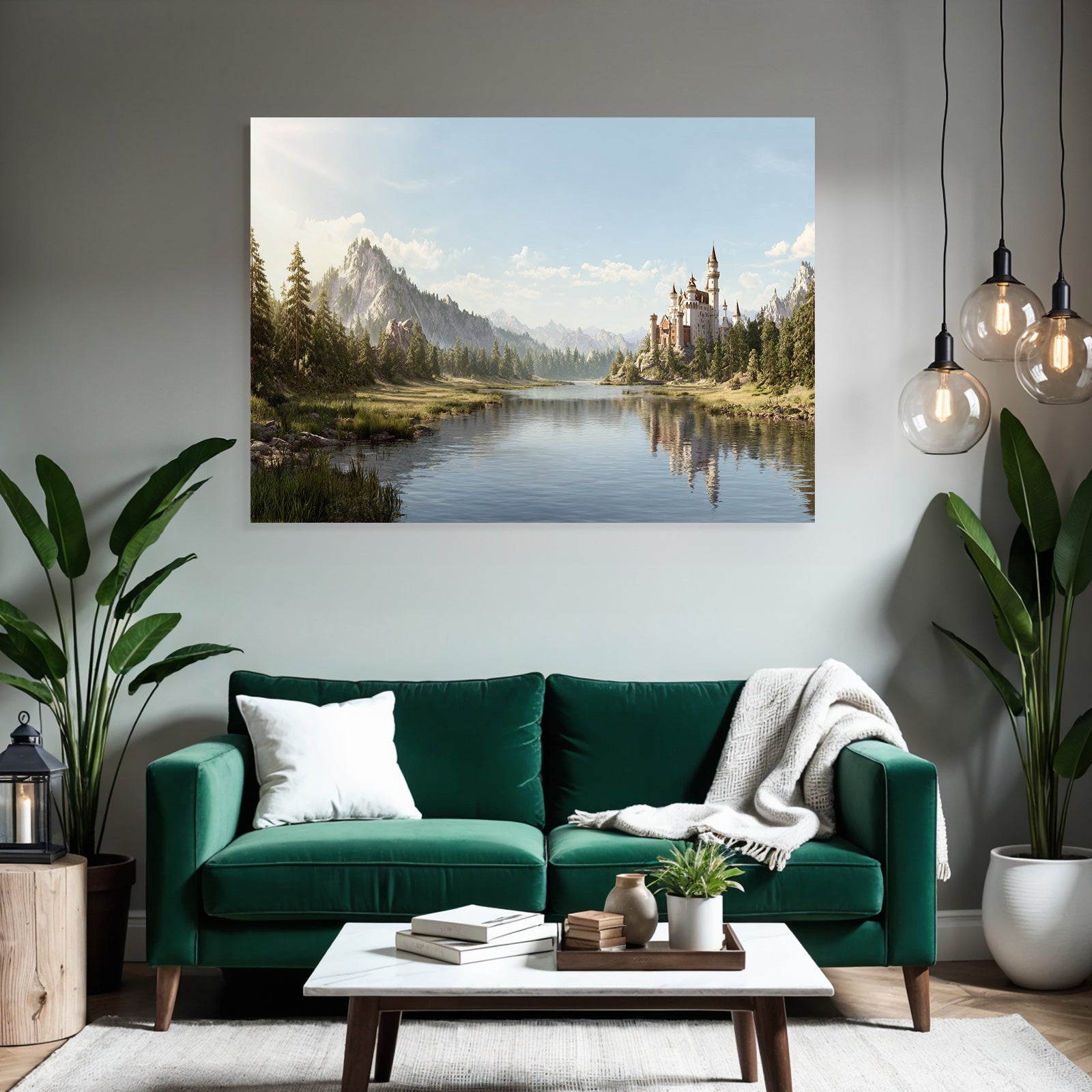 Picturesque landscape with lake, castle and mountains