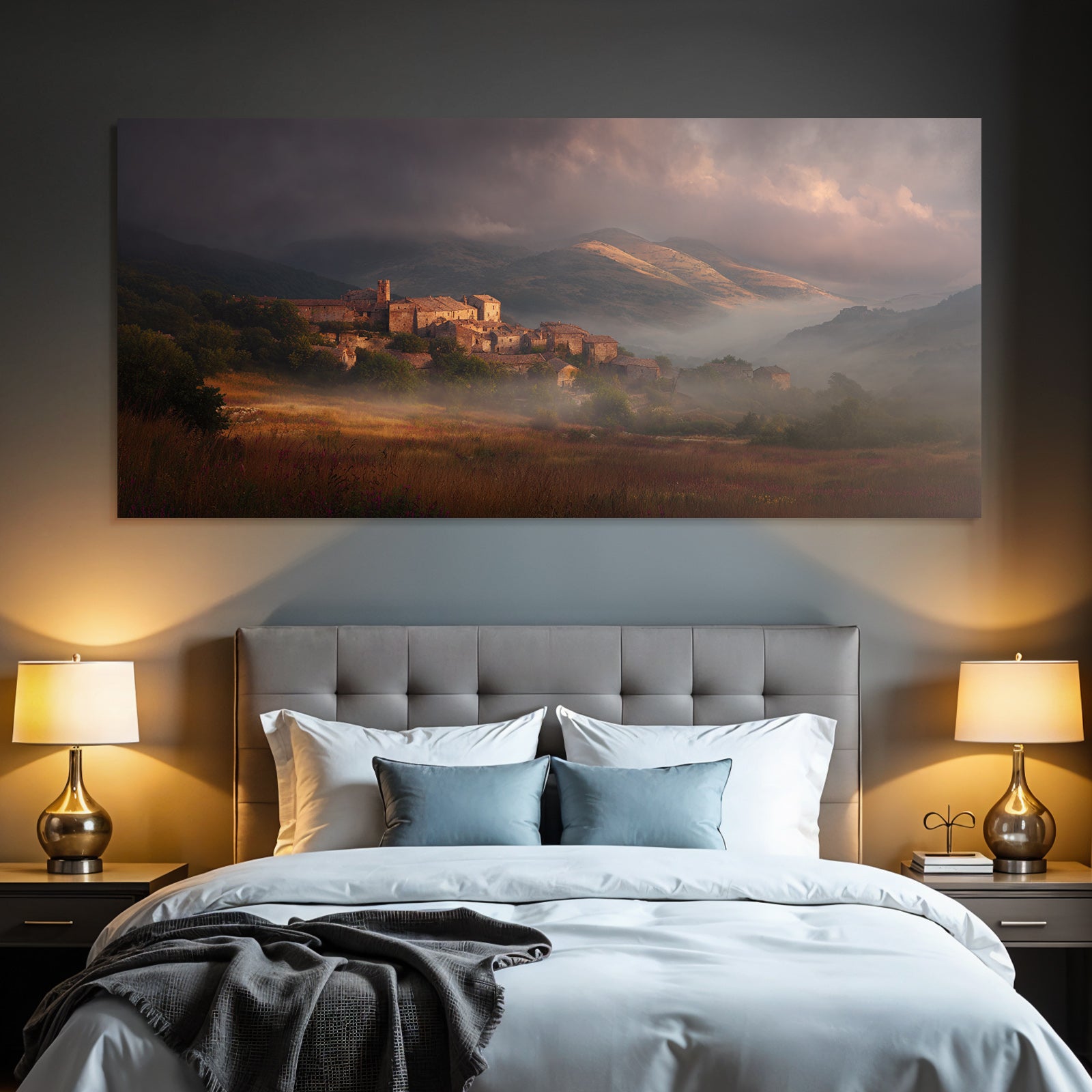Picturesque Landscape Mystical Village Rolling Hills Flowers Sky