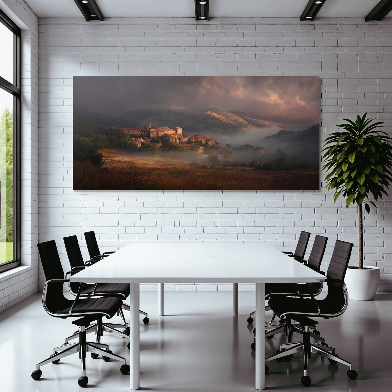 Picturesque Landscape Mystical Village Rolling Hills Flowers Sky