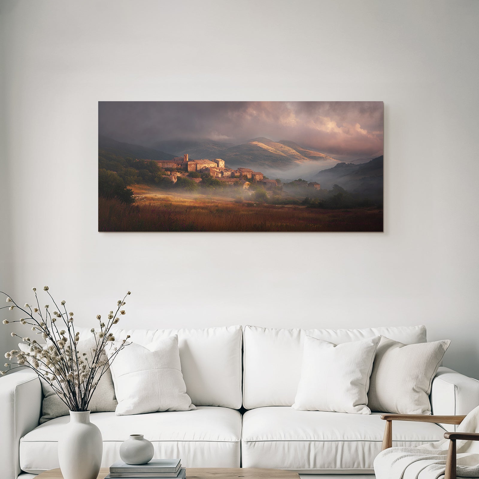 Picturesque Landscape Mystical Village Rolling Hills Flowers Sky