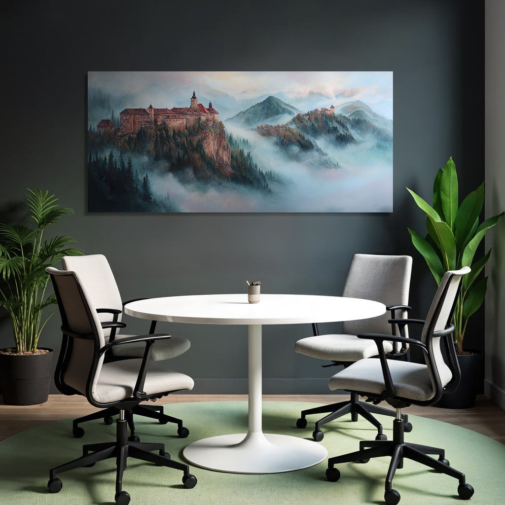 Picturesque Misty Landscape Two Castles Rocks Mountains Forests
